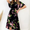 Black Floral Printed Short Sleeve Gathered Side Midi Dress