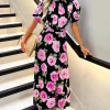 Black Floral Printed Short Puff Sleeve Midi Dress