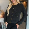 Black Fluffy Knit Gold Button Cardigan