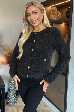 Black Fluffy Knit Gold Button Cardigan