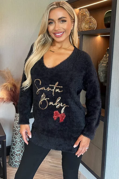 Black Fluffy Santa Baby Sequin Jumper