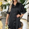 Black Frill Detail Gold Button Front Shirt Dress