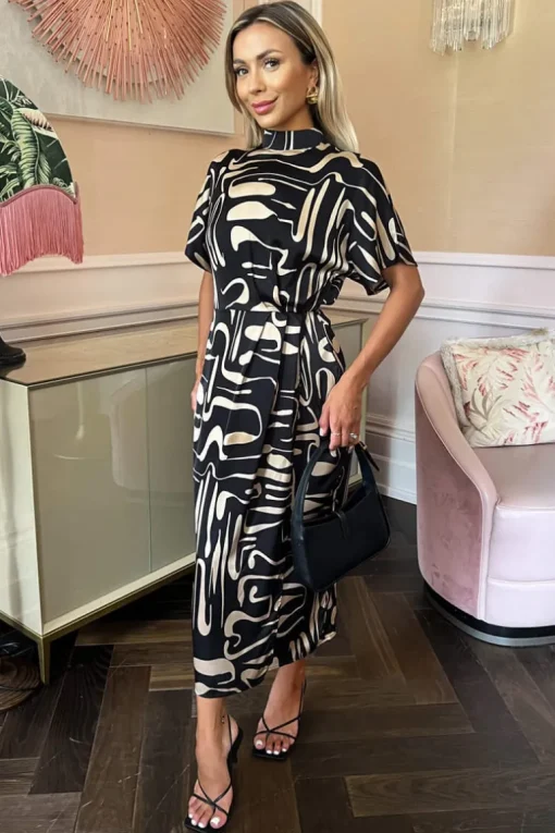 Black Geometric Pattern High Neck Wrap Skirt Midi Dress