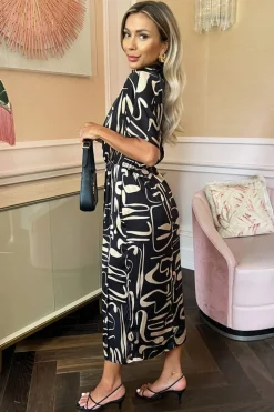 Black Geometric Pattern High Neck Wrap Skirt Midi Dress
