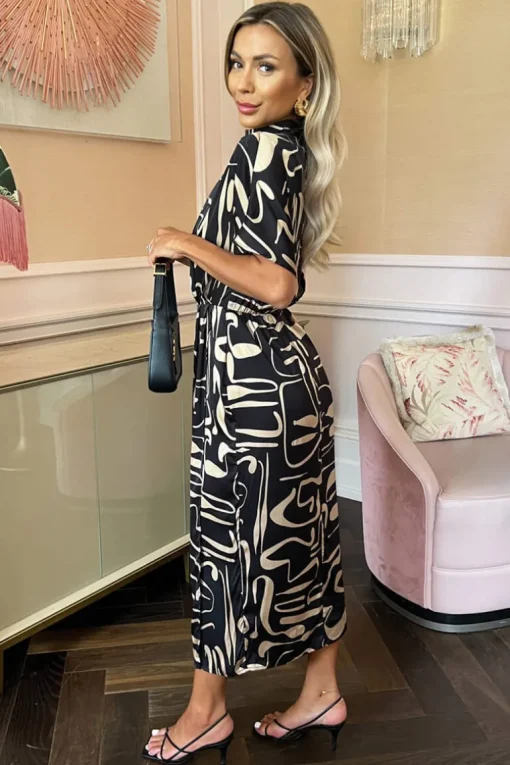 Black Geometric Pattern High Neck Wrap Skirt Midi Dress