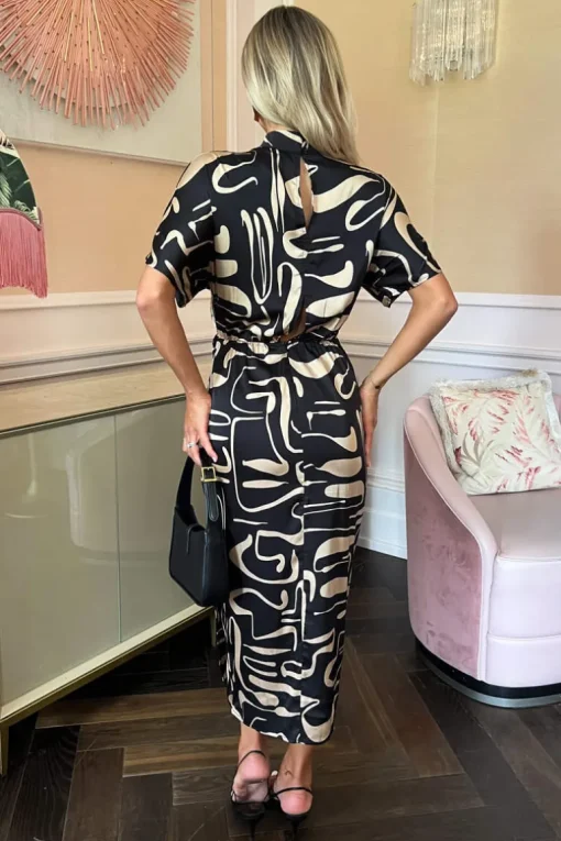 Black Geometric Pattern High Neck Wrap Skirt Midi Dress