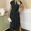Black Geometric Print Tie Waist Shirt Midi Dress