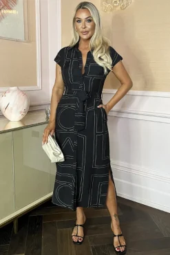 Black Geometric Print Tie Waist Shirt Midi Dress