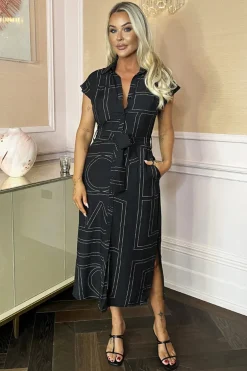 Black Geometric Print Tie Waist Shirt Midi Dress