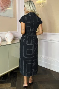 Black Geometric Print Tie Waist Shirt Midi Dress