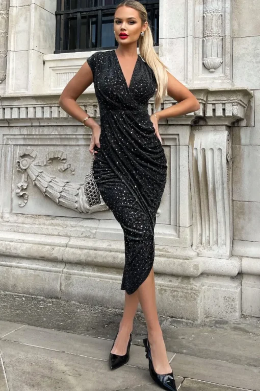 Black Glitter Wrap Draped Midi Dress