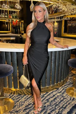Black Halter Neck Draped Wrap Skirt Midi Dress