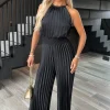 Black Halter Neck Shirred Waist Pleated Jumpsuit