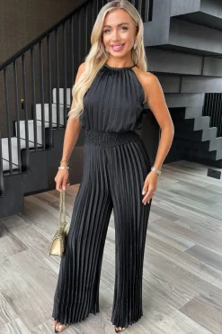 Black Halter Neck Shirred Waist Pleated Jumpsuit