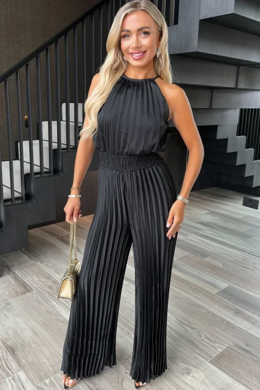 Black Halter Neck Shirred Waist Pleated Jumpsuit