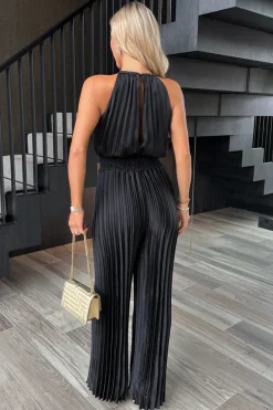 Black Halter Neck Shirred Waist Pleated Jumpsuit