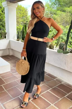 Black Halterneck Straw Belt Tiered Midi Dress