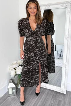 Black Heart Printed Pleated Sleeve Midi Dress