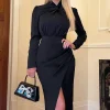 Black High Knot Neck Wrap Midi Dress