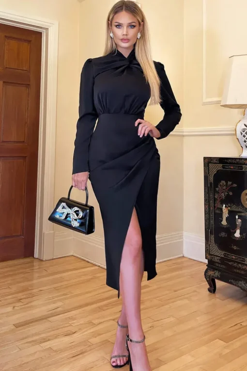 Black High Knot Neck Wrap Midi Dress