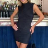 Black High Neck Bodycon Ruched Mesh Mini Dress
