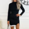 Black High Neck Long Sleeve Tassel Hem Dress