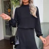 Black High Neck Long Sleeve Mini Dress
