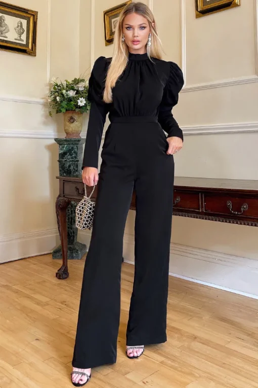 Black High Neck Puff Sleeve Jumpsuit