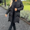 Black Hooded  Long Line Puffer Coat