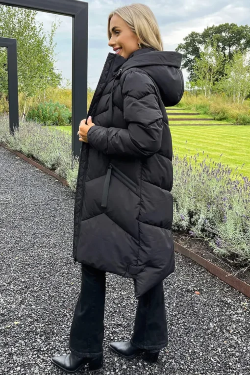 Black Hooded  Long Line Puffer Coat