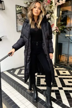 Black Hooded Puffer Coat with Zip Front Pockets