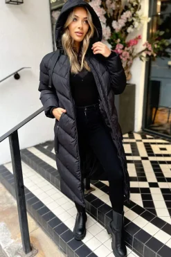 Black Hooded Puffer Coat with Zip Front Pockets