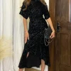 Black Jacquard Velvet Asymmetrical Hem High Neck Midi Dress