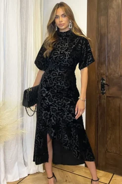 Black Jacquard Velvet Asymmetrical Hem High Neck Midi Dress