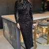 Black Jacquard Velvet Long Sleeve Gathered Side Midi Dress
