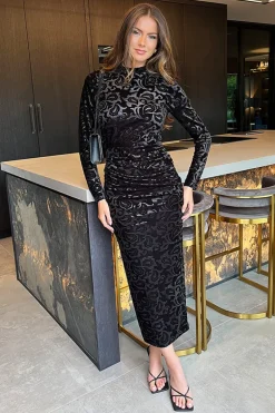 Black Jacquard Velvet Long Sleeve Gathered Side Midi Dress