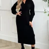 Black Knit Long Sleeve Collared Midi Dress