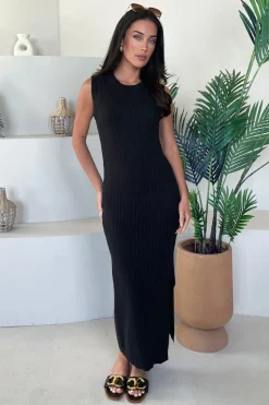 Black Knitted Side Split Hem Midi Dress