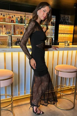 Black Lace Contrast Ruched Front Bodycon Midi Dress