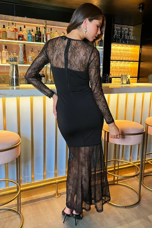 Black Lace Contrast Ruched Front Bodycon Midi Dress