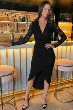 Black Lace Long Sleeve Wrap Midi Dress