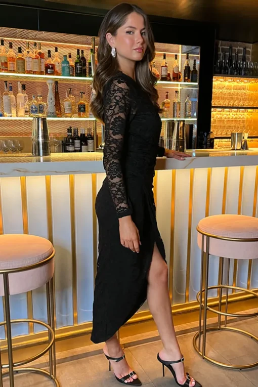 Black Lace Long Sleeve Wrap Midi Dress