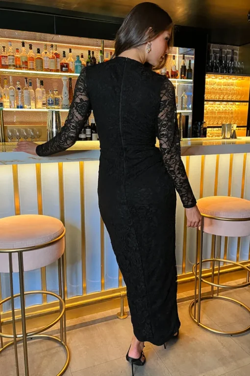 Black Lace Long Sleeve Wrap Midi Dress