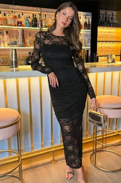 Black Lace Overlay Long Sleeve Bodycon Midi Dress