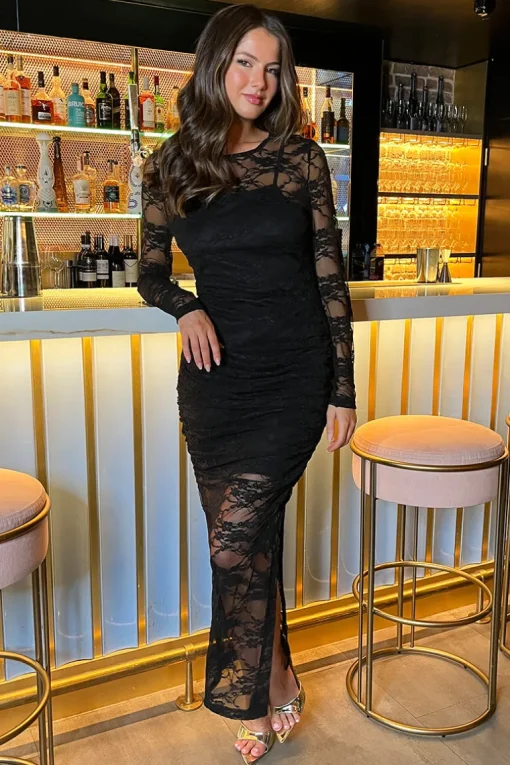 Black Lace Overlay Long Sleeve Bodycon Midi Dress