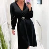 Black Long Sleeve Belted Midi Dress