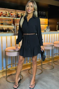 Black Long Sleeve Frill Hem Shirt Mini Dress