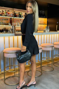 Black Long Sleeve Frill Hem Shirt Mini Dress