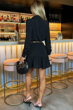 Black Long Sleeve Frill Hem Shirt Mini Dress