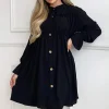 Black Long Sleeve Gathered Detail Button Front Dress